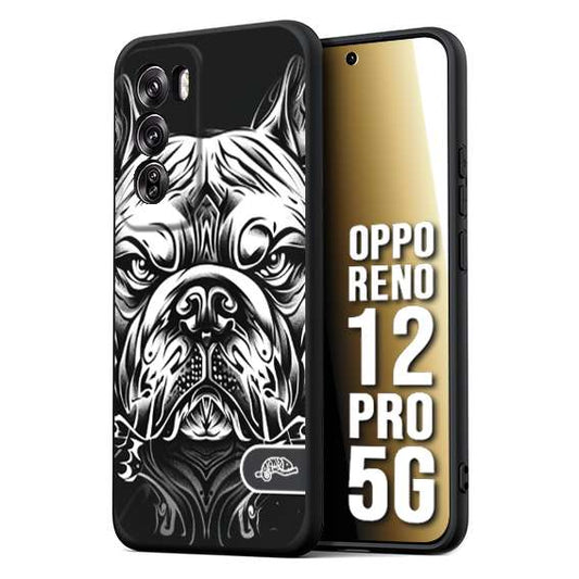 CUSTOMIZZA - Custodia cover nera morbida in tpu compatibile per Oppo Reno 12 PRO 5G bulldog bianco a rilievo disegnato tattoo tatuaggio