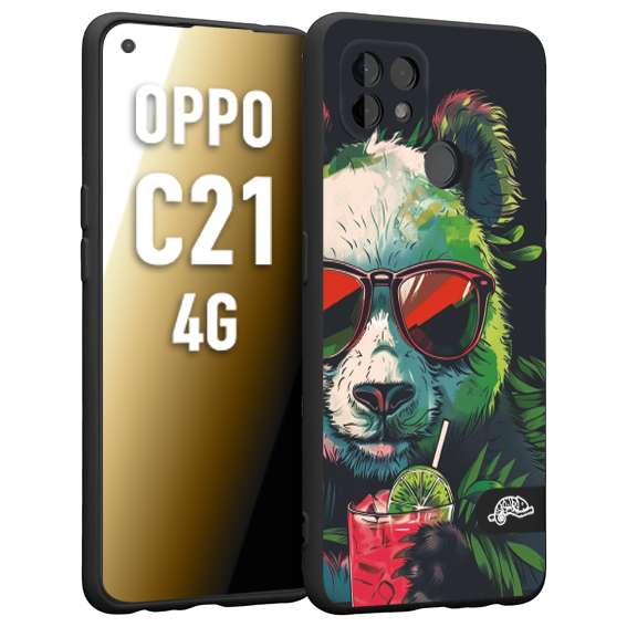 CUSTOMIZZA - Custodia cover nera morbida in tpu compatibile per Oppo Realme C21 4G estate disegnata cocktails animali simpatici panda mojito