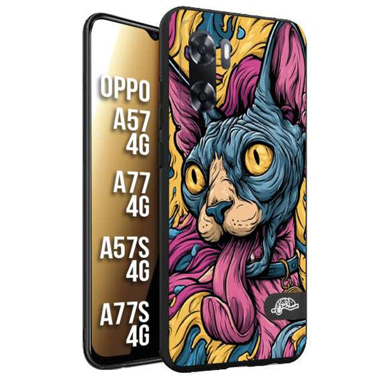 CUSTOMIZZA - Custodia cover nera morbida in tpu compatibile per Oppo A57 - A77 - A57S - A77S (4G) Sphynx Colorato Pop Art Psichedelico Gatto Blu Rosa Giallo Artistica Fantasy