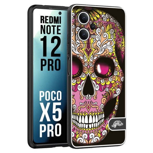 CUSTOMIZZA - Custodia cover nera morbida in tpu compatibile per Xiaomi Redmi Note 12 PRO - POCO X5 PRO teschio messicano Mexican skull rosa gialla
