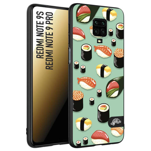 CUSTOMIZZA - Custodia cover nera morbida in tpu compatibile per Xiaomi Redmi Note 9S - Note 9 PRO sushi disegni giapponese nighiri acquamarina verde