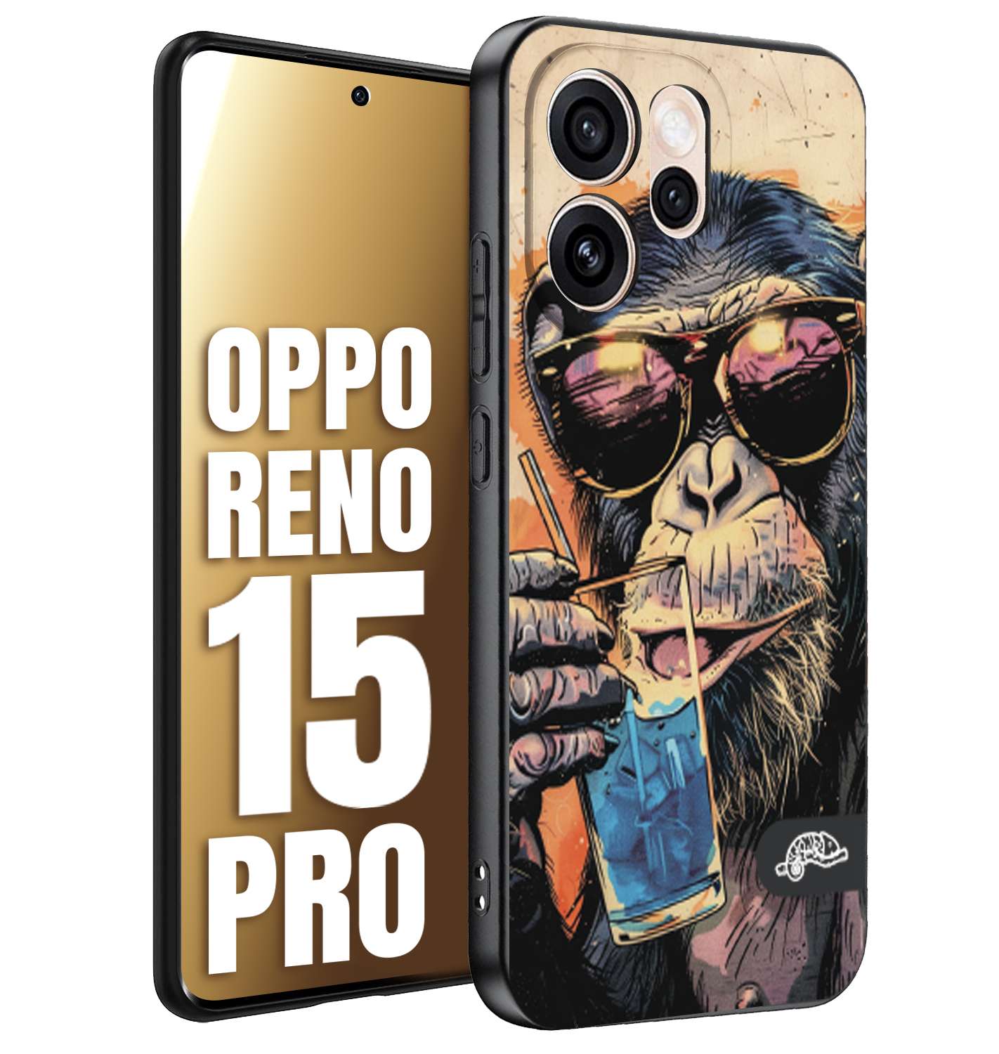 CUSTOMIZZA - Custodia cover nera morbida in tpu compatibile per Oppo Reno 15 PRO estate disegnata cocktails animali simpatici scimmia monkey negroni