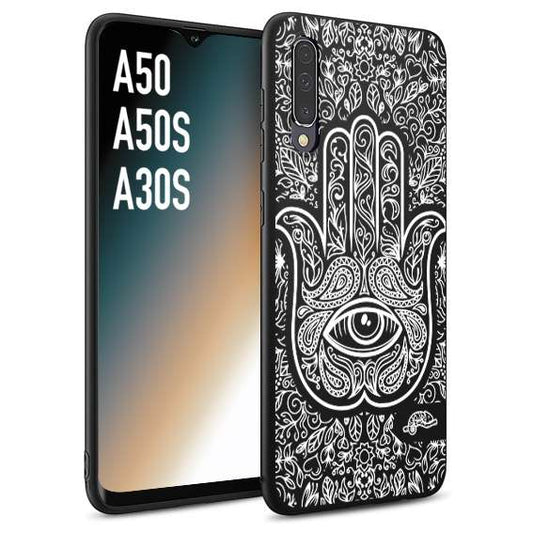 CUSTOMIZZA - Custodia cover nera morbida in tpu compatibile per Samsung A50 - A50S - A30S mano di fatima effetto rilievo mandala donna