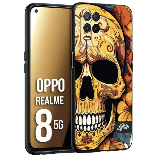 CUSTOMIZZA - Custodia cover nera morbida in tpu compatibile per Realme 8 5G teschio messicano colorato dorato fiori autunnali disegnato