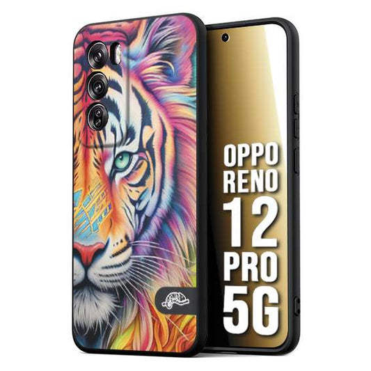 CUSTOMIZZA - Custodia cover nera morbida in tpu compatibile per Oppo Reno 12 PRO 5G animali color tigre tiger viso colori vibranti disegnato schizzo