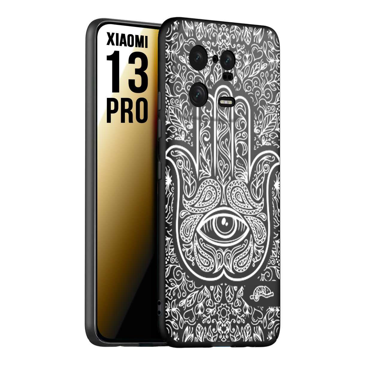 CUSTOMIZZA - Custodia cover nera morbida in tpu compatibile per Xiaomi 13 PRO mano di fatima effetto rilievo mandala donna