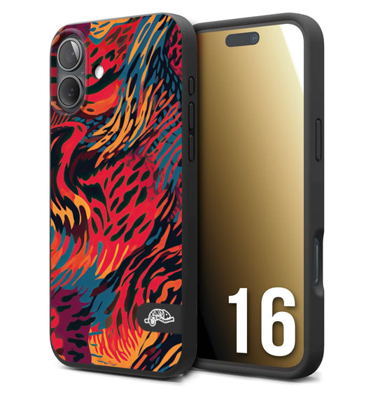 CUSTOMIZZA - Custodia cover nera morbida in tpu compatibile per iPhone 16 leopardato maculato tigrato colorata fiamme rossa blu arancione