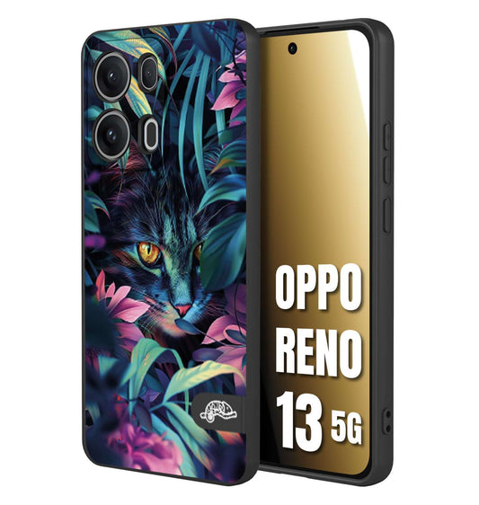 CUSTOMIZZA - Custodia cover nera morbida in tpu compatibile per Oppo Reno 13 5G animali color giungla tropicale occhio di gatto colori vibranti disegnato