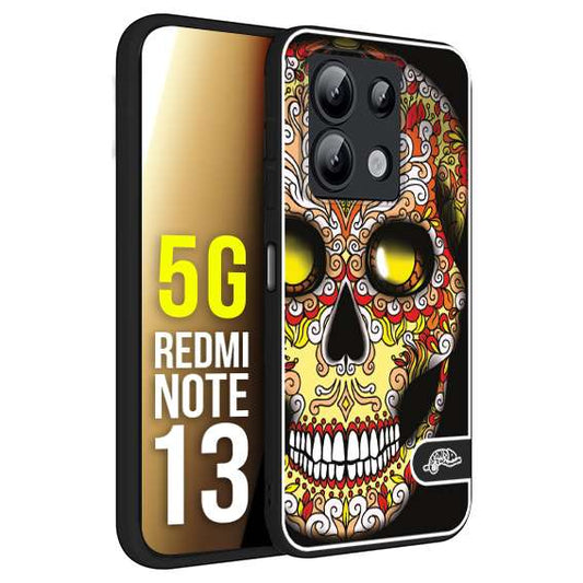 CUSTOMIZZA - Custodia cover nera morbida in tpu compatibile per Xiaomi Redmi Note 13 5G teschio messicano Mexican skull giallo rosso arancio