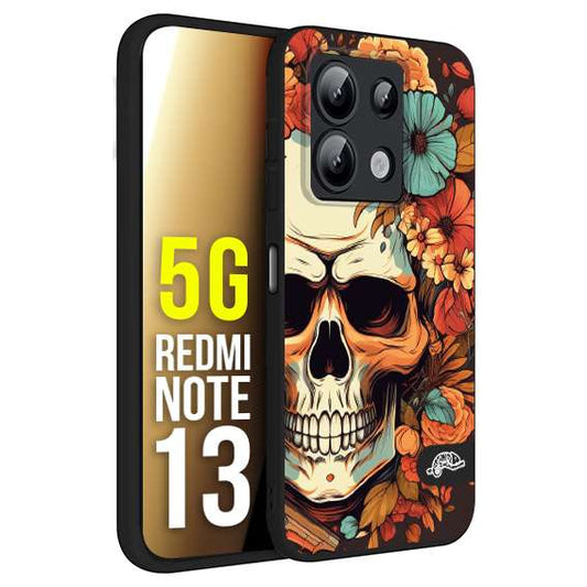 CUSTOMIZZA - Custodia cover nera morbida in tpu compatibile per Xiaomi Redmi Note 13 5G teschio skull flowers fiori autunnali arancio celeste tattoo