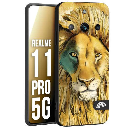 CUSTOMIZZA - Custodia cover nera morbida in tpu compatibile per Realme 11 PRO 5G leone lion disegnato a mano giallo blu a rilievo artistico brown