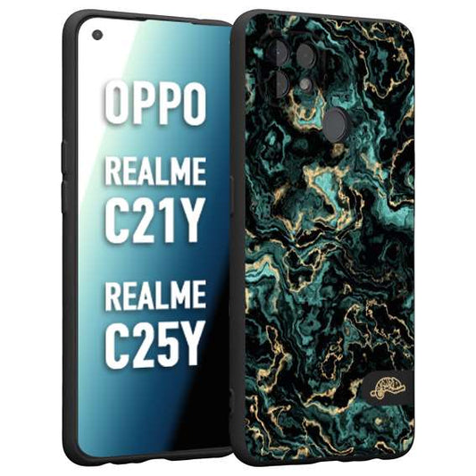 CUSTOMIZZA - Custodia cover nera morbida in tpu compatibile per Oppo Realme C21Y - C25Y effetto marmo marble verde green venature dorato pietra