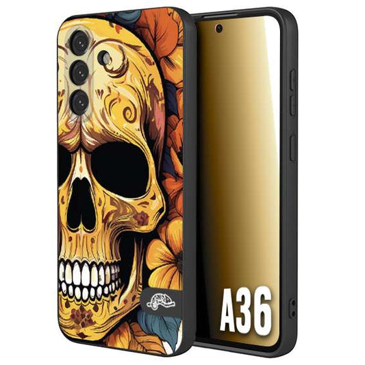CUSTOMIZZA - Custodia cover nera morbida in tpu compatibile per Samsung A36 teschio messicano colorato dorato fiori autunnali disegnato