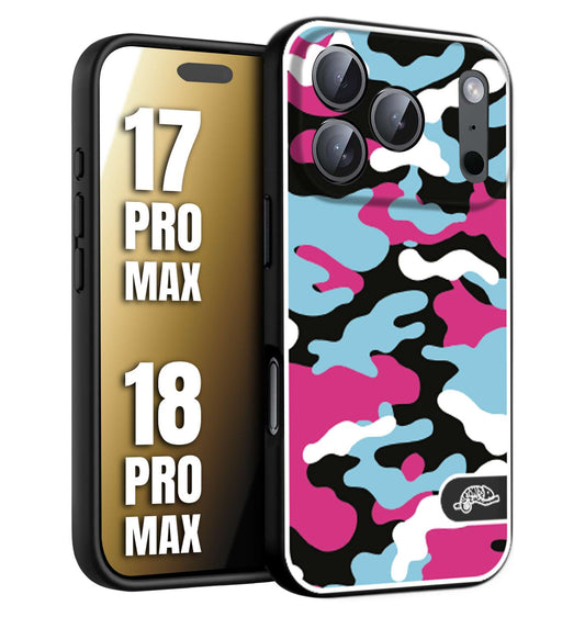 CUSTOMIZZA - Custodia cover nera morbida in tpu compatibile per iPhone 17 PRO MAX - 18 PRO MAX camouflage mimetico militare fucsia celeste