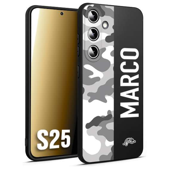 CUSTOMIZZA - Custodia cover nera morbida in tpu compatibile per Samsung S25 camouflage mimetico militare personalizzata nome bianco