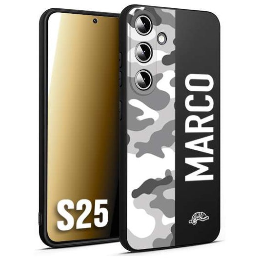 CUSTOMIZZA - Custodia cover nera morbida in tpu compatibile per Samsung S25 camouflage mimetico militare personalizzata nome bianco