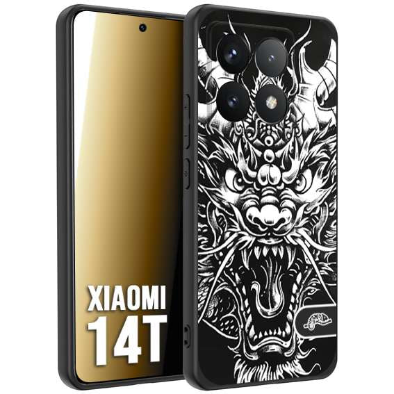 CUSTOMIZZA - Custodia cover nera morbida in tpu compatibile per Xiaomi 14T drago black and white bianco a rilievo disegnato tattoo tatuaggio