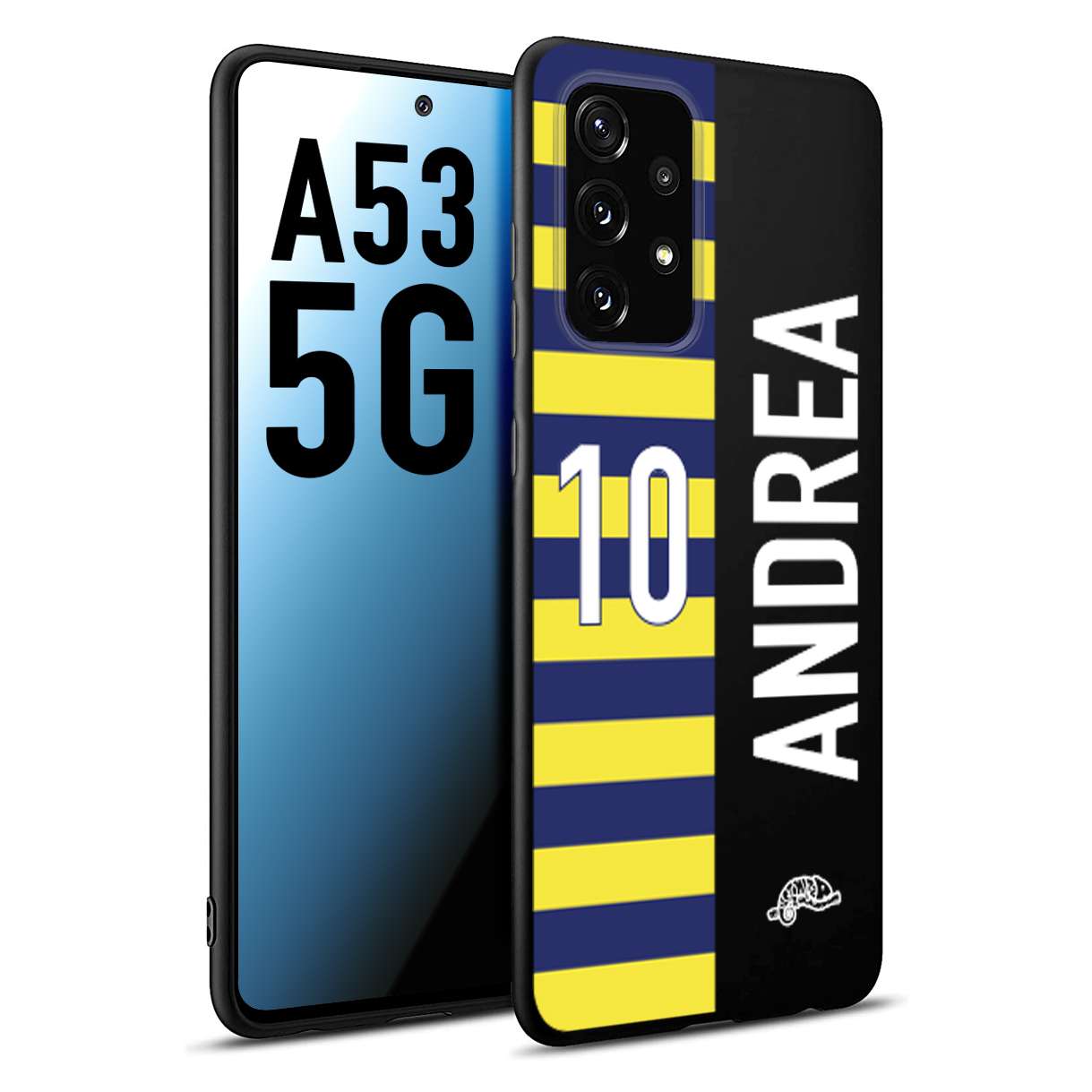 CUSTOMIZZA - Custodia cover nera morbida in tpu compatibile per Samsung A53 5G personalizzata calcio football nome e numero calciatori giallo blu