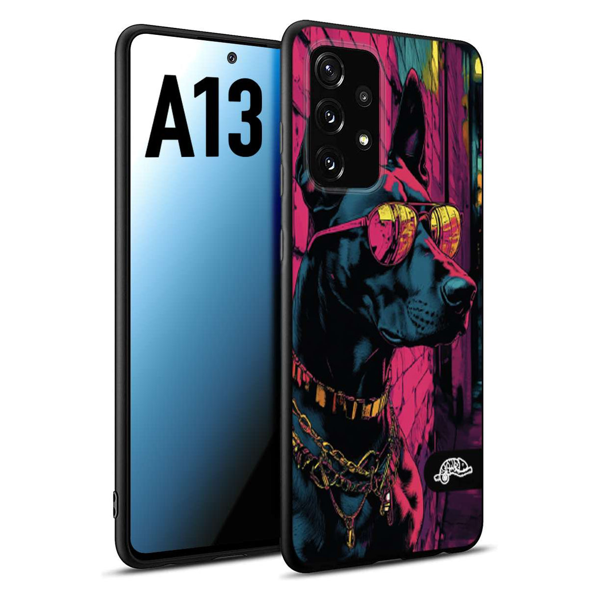 CUSTOMIZZA - Custodia cover nera morbida in tpu compatibile per Samsung A13 animali cyberpunk dobermann cane street dog fucsia blu