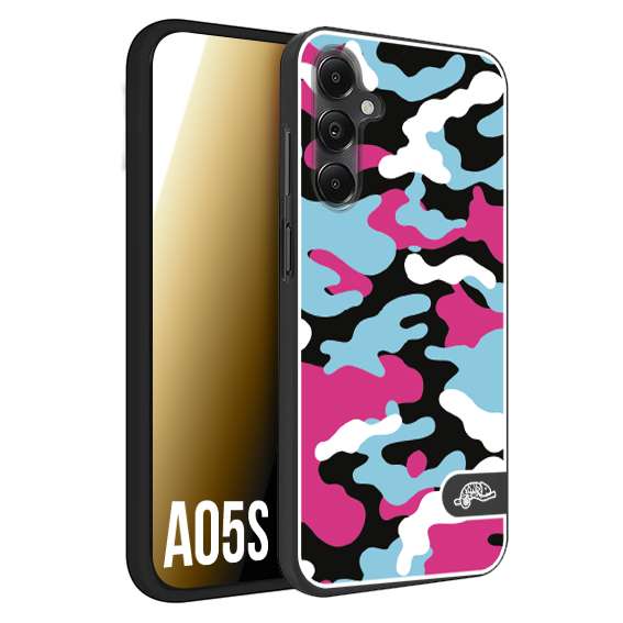 CUSTOMIZZA - Custodia cover nera morbida in tpu compatibile per Samsung A05S camouflage mimetico militare fucsia celeste