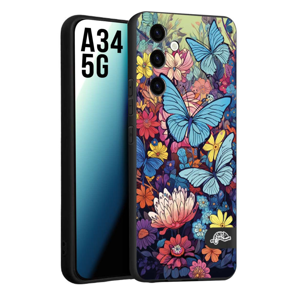 CUSTOMIZZA - Custodia cover nera morbida in tpu compatibile per Samsung A34 5G farfalle butterfly moderno donna disegnate gialla blu rosa
