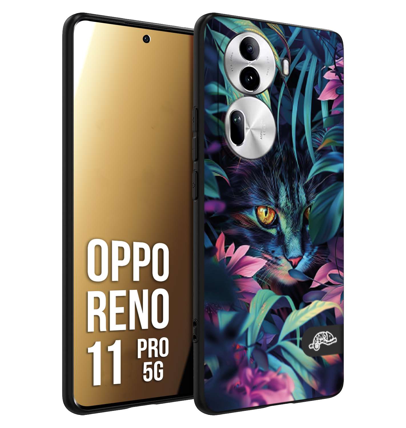 CUSTOMIZZA - Custodia cover nera morbida in tpu compatibile per Oppo Reno 11 PRO 5G animali color giungla tropicale occhio di gatto colori vibranti disegnato