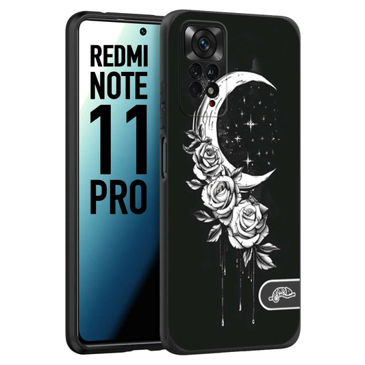 CUSTOMIZZA - Custodia cover nera morbida in tpu compatibile per Xiaomi Redmi Note 11 PRO luna e fiori moon flowers black and white bianco a rilievo disegnato