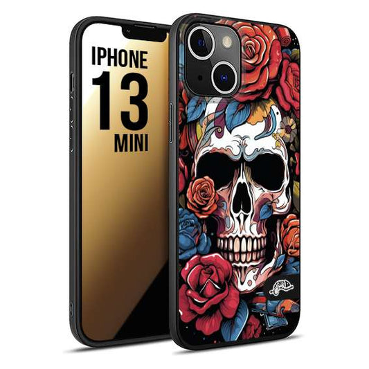 CUSTOMIZZA - Custodia cover nera morbida in tpu compatibile per iPhone 13 MINI teschio skull flowers fiori rose rosse tattoo disegnato