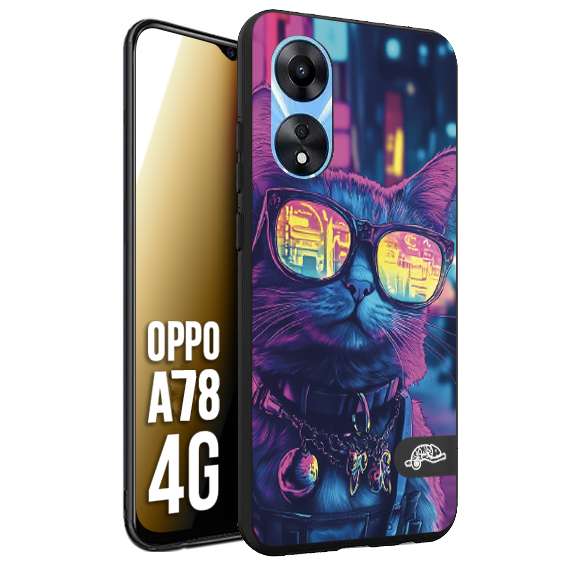 CUSTOMIZZA - Custodia cover nera morbida in tpu compatibile per Oppo A78 4G animali cyberpunk gatto street cat fucsia blu giallo