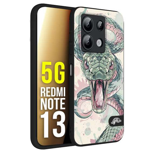 CUSTOMIZZA - Custodia cover nera morbida in tpu compatibile per Xiaomi Redmi Note 13 5G snake pink green serpente tatuaggio tattoo disegnato a mano