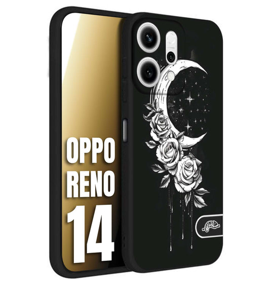 CUSTOMIZZA - Custodia cover nera morbida in tpu compatibile per Oppo Reno 14 luna e fiori moon flowers black and white bianco a rilievo disegnato
