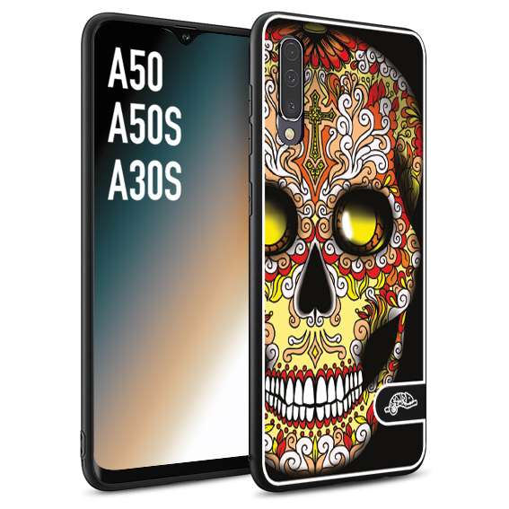 CUSTOMIZZA - Custodia cover nera morbida in tpu compatibile per Samsung A50 - A50S - A30S teschio messicano Mexican skull giallo rosso arancio