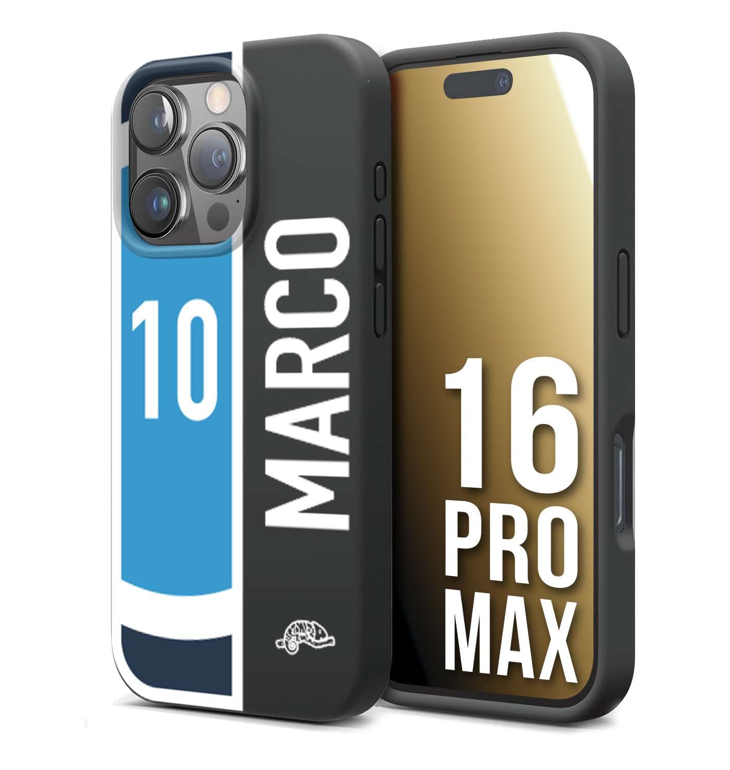 CUSTOMIZZA - Custodia cover nera morbida in tpu compatibile per iPhone 16 PRO MAX personalizzata calcio football nome e numero calciatori biancoazzurri bianco celesti