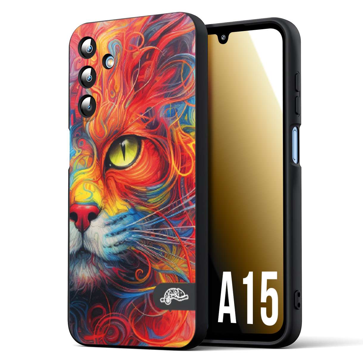 CUSTOMIZZA - Custodia cover nera morbida in tpu compatibile per Samsung A15 5G animali color cat gatto viso colori vibranti disegnato schizzo