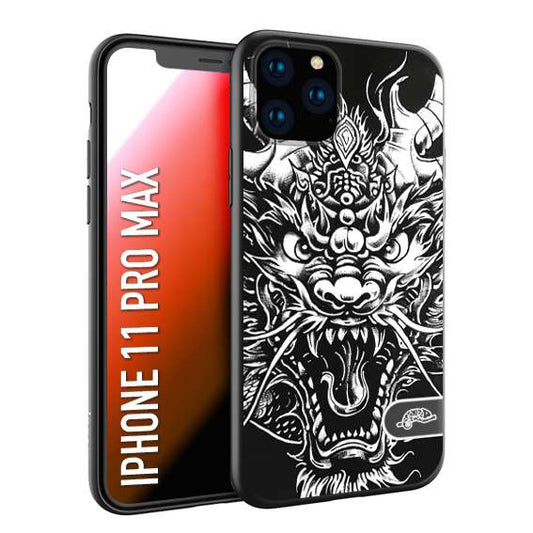 CUSTOMIZZA - Custodia cover nera morbida in tpu compatibile per iPhone 11 PRO MAX drago black and white bianco a rilievo disegnato tattoo tatuaggio