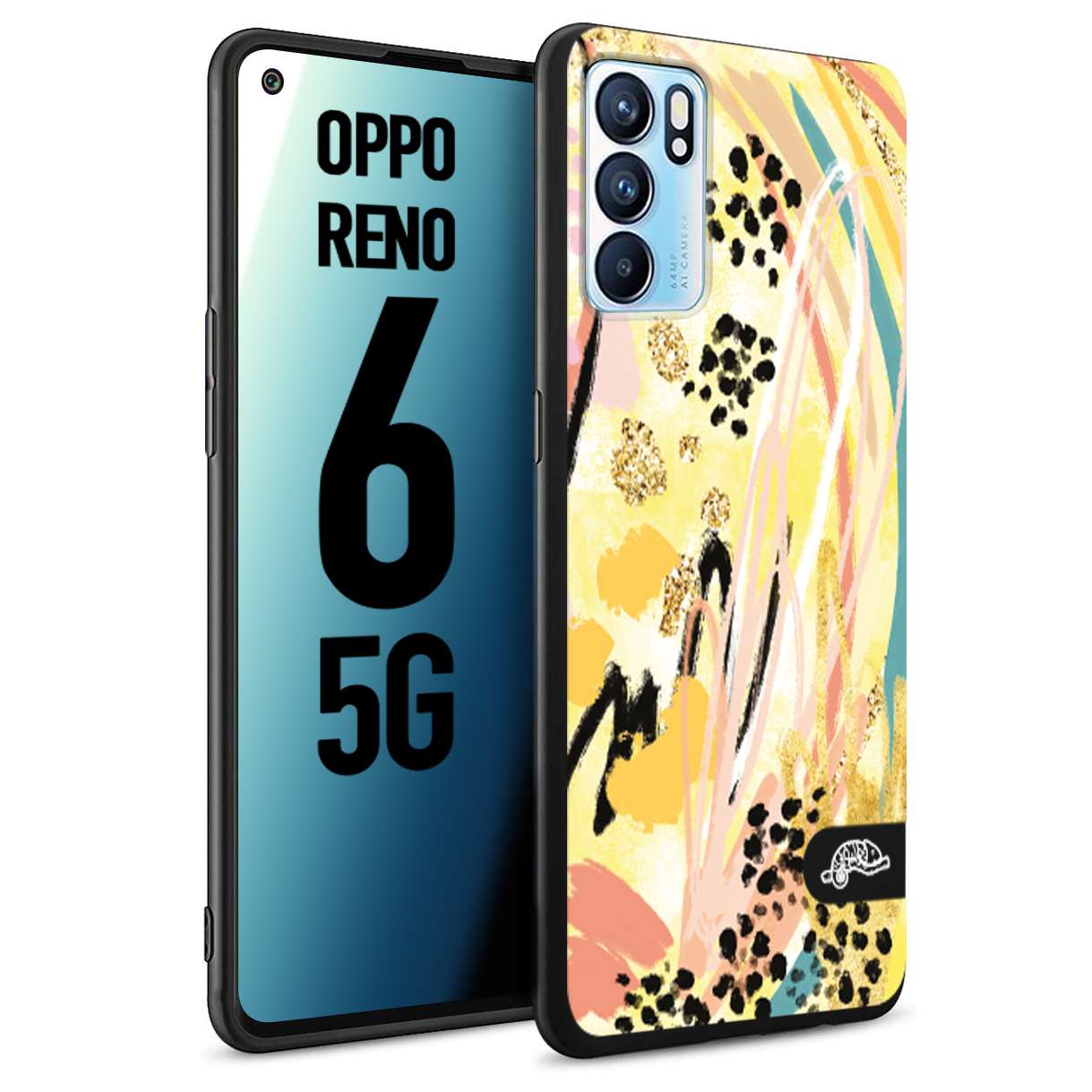 CUSTOMIZZA - Custodia cover nera morbida in tpu compatibile per Oppo Reno 6 5G astratti donna flower fantasia estate gialla rosa leopardata