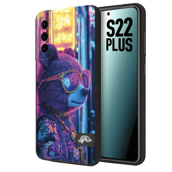 CUSTOMIZZA - Custodia cover nera morbida in tpu compatibile per Samsung S22 PLUS animali cyberpunk orsetto orso street bear fucsia blu night