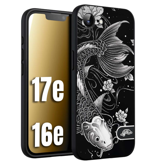 CUSTOMIZZA - Custodia cover nera morbida in tpu compatibile per iPhone 16E - 17E carpa koi black and white bianco a rilievo disegnato tattoo tatuaggio