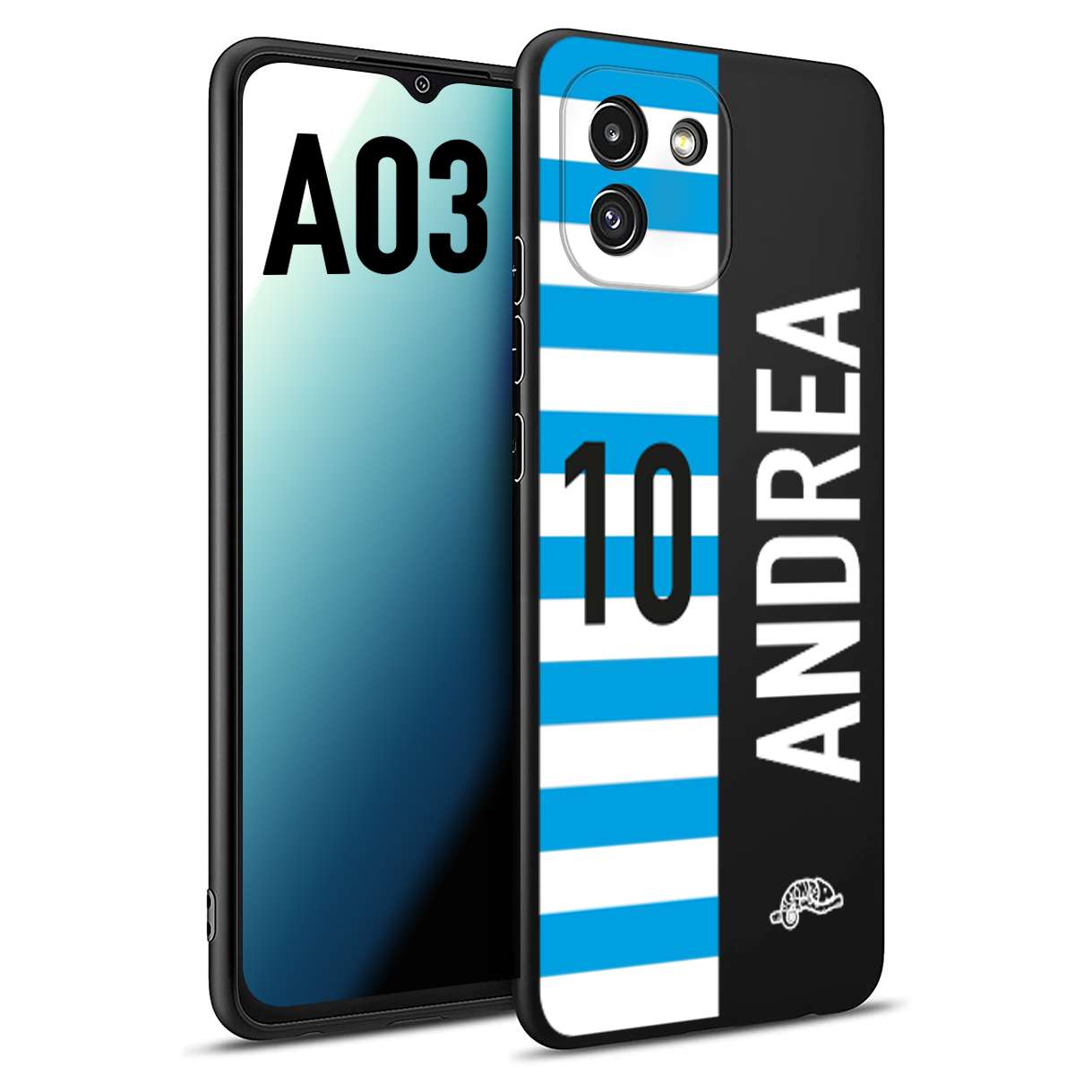 CUSTOMIZZA - Custodia cover nera morbida in tpu compatibile per Samsung A03 personalizzata calcio football nome e numero calciatori biancazzurri