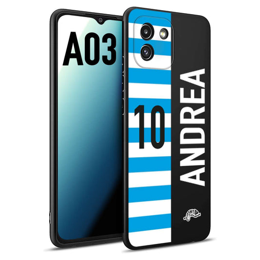 CUSTOMIZZA - Custodia cover nera morbida in tpu compatibile per Samsung A03 personalizzata calcio football nome e numero calciatori biancazzurri