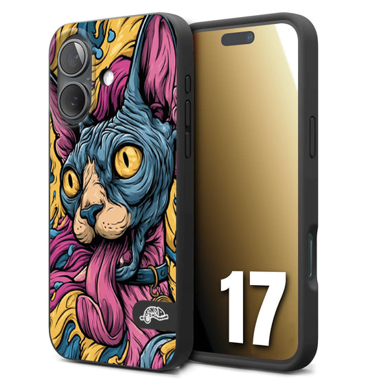 CUSTOMIZZA - Custodia cover nera morbida in tpu compatibile per iPhone 17 Sphynx Colorato Pop Art Psichedelico Gatto Blu Rosa Giallo Artistica Fantasy