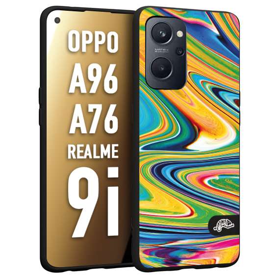 CUSTOMIZZA - Custodia cover nera morbida in tpu compatibile per Oppo Realme 9i - A96 - A76 colorata fantasia vortice marmo arcobaleno gialla verde blu