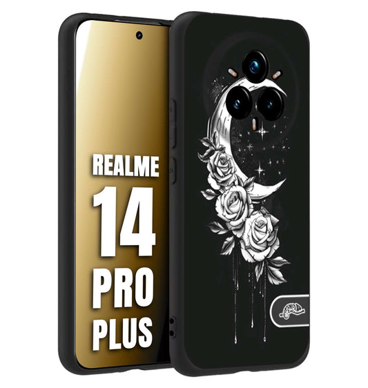 CUSTOMIZZA - Custodia cover nera morbida in tpu compatibile per Realme 14 PRO PLUS luna e fiori moon flowers black and white bianco a rilievo disegnato