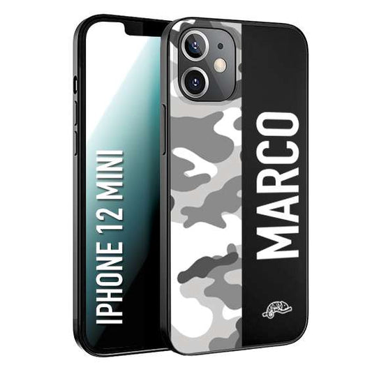 CUSTOMIZZA - Custodia cover nera morbida in tpu compatibile per iPhone 12 MINI camouflage mimetico militare personalizzata nome bianco