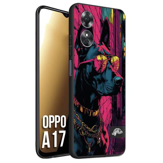CUSTOMIZZA - Custodia cover nera morbida in tpu compatibile per Oppo A17 animali cyberpunk dobermann cane street dog fucsia blu