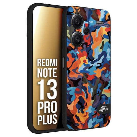 CUSTOMIZZA - Custodia cover nera morbida in tpu compatibile per Xiaomi Redmi Note 13 PRO PLUS camouflage mimetico militare moderno blu arancio rosso