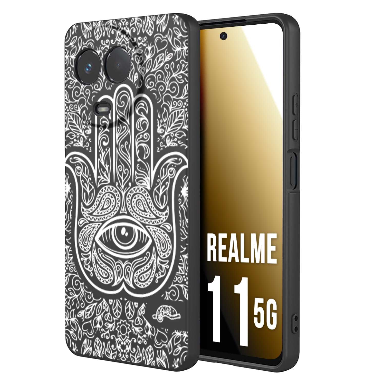 CUSTOMIZZA - Custodia cover nera morbida in tpu compatibile per Oppo Realme 11 5G mano di fatima effetto rilievo mandala donna