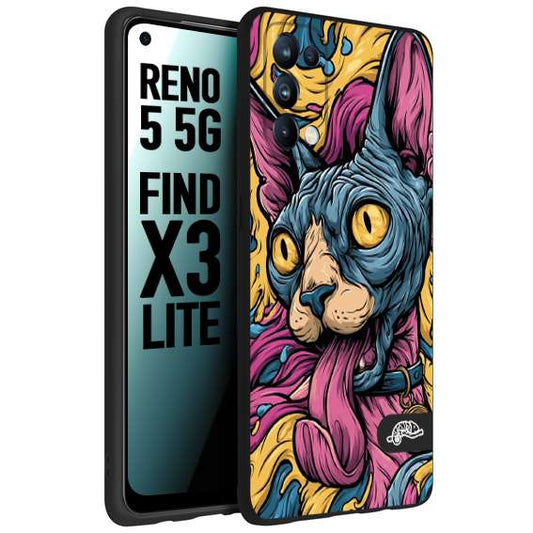CUSTOMIZZA - Custodia cover nera morbida in tpu compatibile per Oppo Reno 5 5G Sphynx Colorato Pop Art Psichedelico Gatto Blu Rosa Giallo Artistica Fantasy
