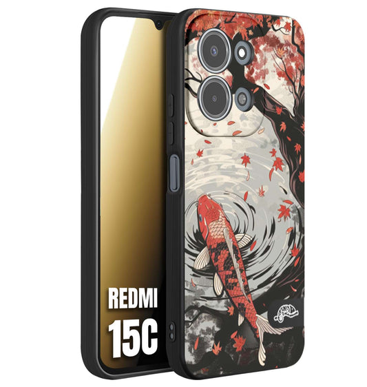 CUSTOMIZZA - Custodia cover nera morbida in tpu compatibile per Xiaomi Redmi 15C giapponese lago carpa koi rossa con foglie d'acero rosso disegnata tattoo