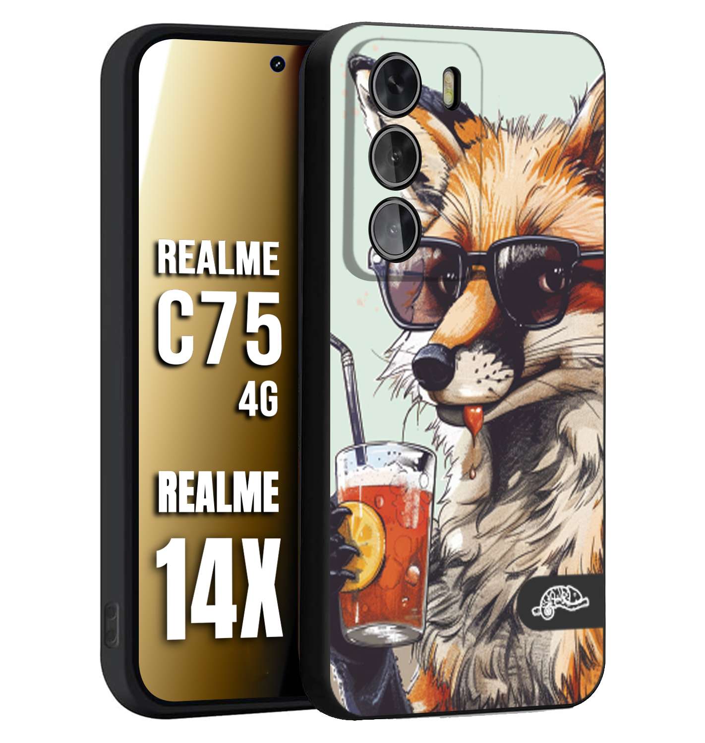 CUSTOMIZZA - Custodia cover nera morbida in tpu compatibile per Realme 14X - C75 4G estate disegnata cocktails animali simpatici fox volpe negroni